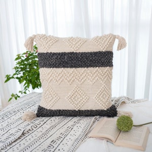 Handwoven Beige & Black Tassel Pillow Cover: Bohemian Farmhouse Decor