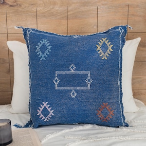 Blue Cactus Silk Pillow, Moroccan Cushions Cover, Decorative Throw Pillow, Cactus Silk Embroidered Pillowcase, Sabra Pillows, Blue Pillow