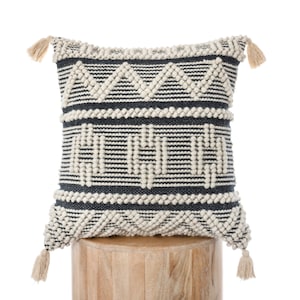 Handwoven Black and Ivory Tasseled Pillow Cover: 20x20 Textured Cushion