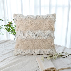 Handgeweven boho-kussen, boho-kussensloop, kussen met textuur voor bank, boerderij crèmekleurig neutraal kussen 20 x 20