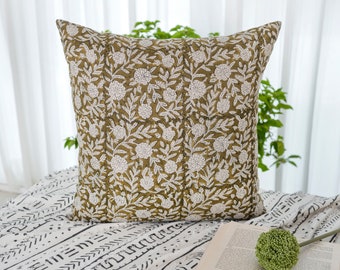 Linen Block Print Pillow Cover: Floral Botanical Design