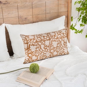 Designer Tan Brown Floral Design on Natural Linen Pillow Cover, Light Brown Pillowcase, Boho Pillow, Farmhouse Pillow, Floral Lumbar Pillow