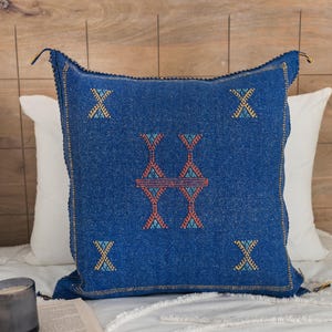 Blue Cactus Silk Pillow, Moroccan Cushions Cover, Decorative Throw Pillow, Cactus Silk Embroidered Pillowcase, Sabra Pillows, Rustic Pillow