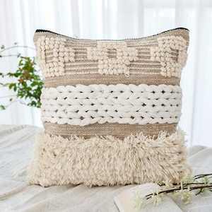 Beige witte moderne boho-sierkussenhoes | Decoratief sierkussen 20 x 20 | Indisch geweven kussenhoes | Rustiek decor | Boho-accentkussen