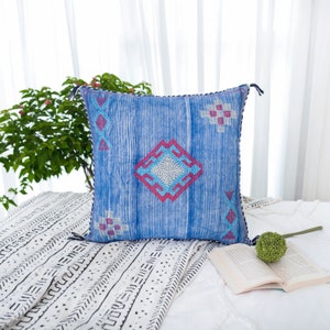 Handmade Embroidered Cactus Silk Blue Color Pillow, Boho Decor, High End Pillow, Pillowcase, Rustic Decor, Bed Pillow, Accent Pillow Cover