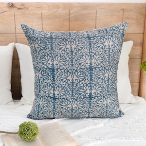 Sapphire Blue Designer Linen Pillow, Floral Hand Block Printed Pillow, Boho Decor, Pillowcase, Farmhouse Decor, Botanical Throw Pillow