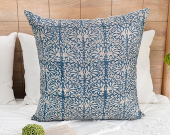 Sapphire Blue Linen Pillow Cover: Floral Hand Block Print, Boho Farmhouse Decor