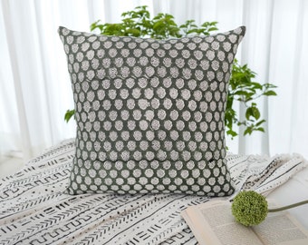 Federa per cuscino in lino stampata a mano: decorazione boho floreale botanica