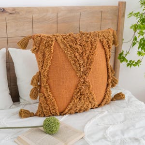 Bronze Brown Tufted Cotton Pillow, Decorative Pillow Throw, Tufted Pillow With Tassels, Handwoven Tufted Pillow Cover, Farmhouse Pillow