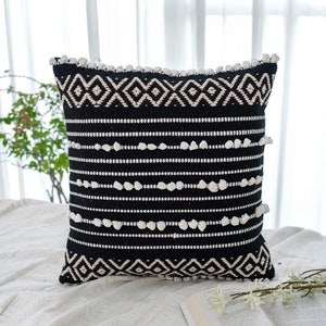Black With White Striped Textured Pillow case, Indian Handwoven Throw Pillow, Decorative Black Pillow Cover, Geometric Pattern Boho Pillow