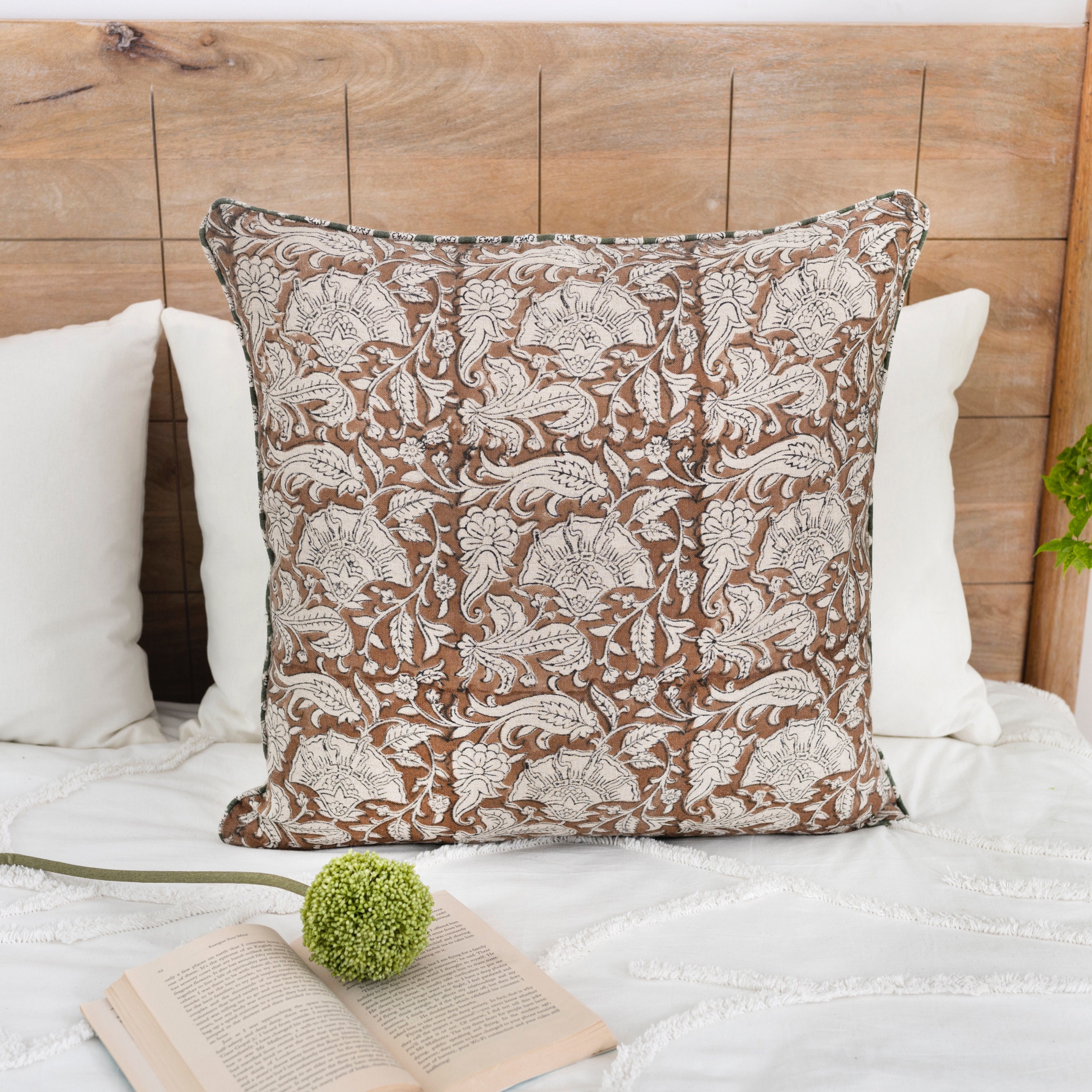 Block Printed Linen Pillow Cover: Floral Botanical Boho Decor