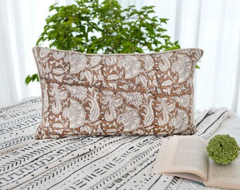 Floral Block Print Lumbar Pillow Cover: Linen Boho Decor