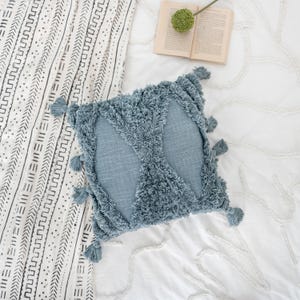 Slate Grey Decorative Tufted Pillow Throw, Tufted Pillow With Tassels, Handwoven Tufted Pillow Cover, Farmhouse Pillow, Outdoor Throw Pillow