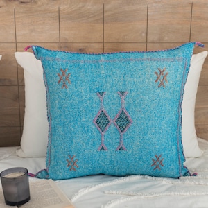 Blue Cactus Silk Pillow, Moroccan Cushions Cover, Throw Pillow For Living Room Or Bed room Cactus Silk Embroidered Pillowcase, Sabra Pillows