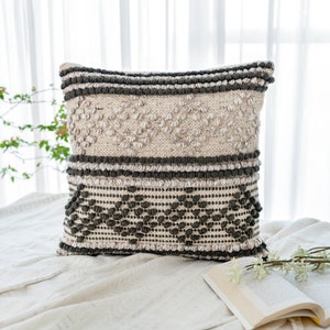 Grey Neutral Color Textured Throw Pillow, Handwoven Geometric Pattern Pillow Cover, 20x20 Boho Decorative Throw Pillow