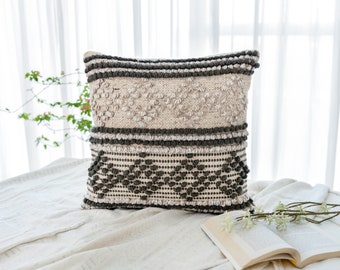 Handwoven Boho Throw Pillow Cover: Grey Geometric Textured Pillow, 20x20