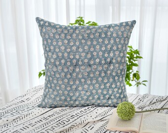 Linen Block Print Pillow Cover: Floral Boho Farmhouse Decor