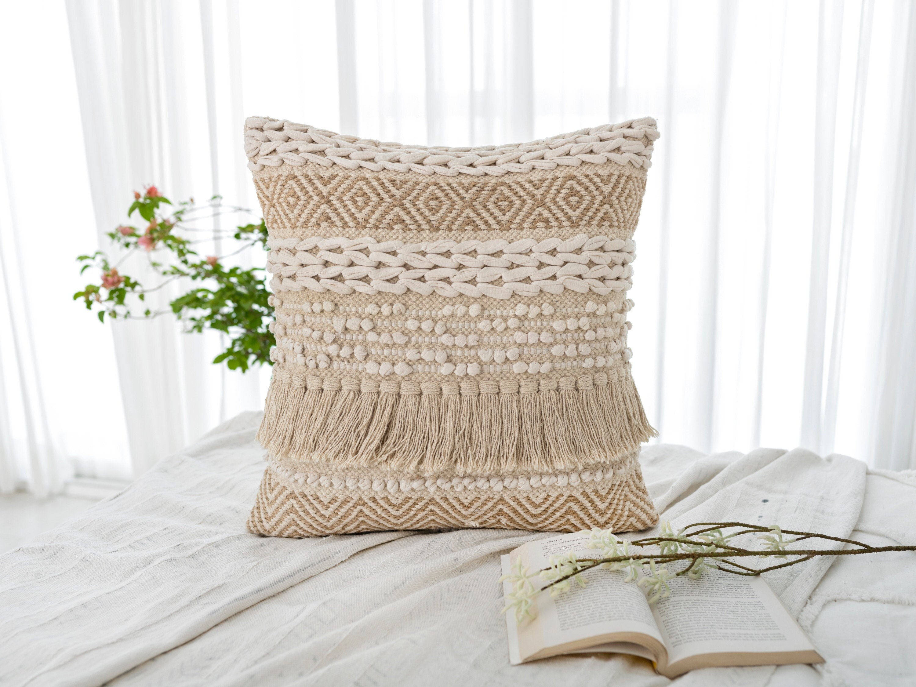 Beige Textured Throw Pillow Cover, Boho Chic Fringe Pillowcase, Decorative Cushion, Farmhouse Pillow, Rustic Decor, Boho Woven Pillow 20x20