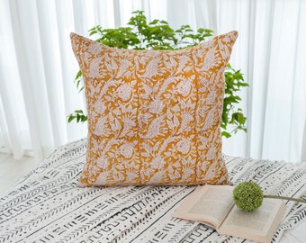 Floral Block Print Linen Pillow Cover: Modern Boho Farmhouse Decor
