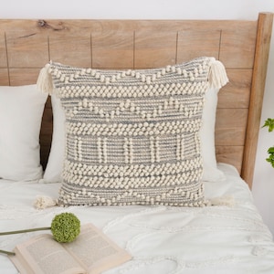 Boho Handwoven Tasseled Pillow: Beige Farmhouse Cushion Cover (20x20 inches)