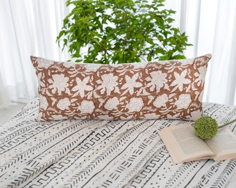 Linen Lumbar Pillow Cover: Block Print Floral, Boho Decor