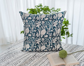 Federa per cuscino in lino stampata a mano: decorazione floreale boho (18x18, 20x20)