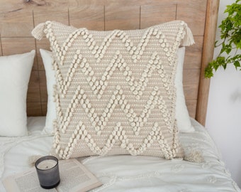 Ivory Handloom Cotton Throw Pillow Cover: Bohemian Tasseled Cushion, 20x20 inches