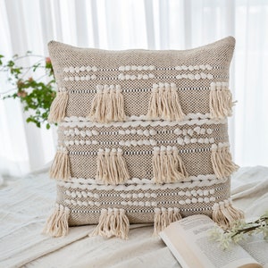 Wit ivoorkleurige sierkussenhoes, neutrale kleur getextureerde kussenhoes, boho kussen voor bank, decoratief sierkussen met franjes
