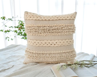 Handwoven Beige Fringe Pillow Cover: Boho Cotton Accent Pillow (20x20)