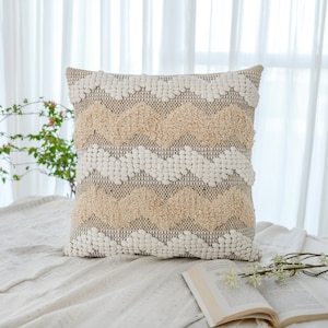 Beige Ivory Throw Pillow Cover, Farmhouse Pillow, Decorative Pillow, Tufted Woven Sofa Pillow, Boho Textured Pillow, Fringe Cushion Case