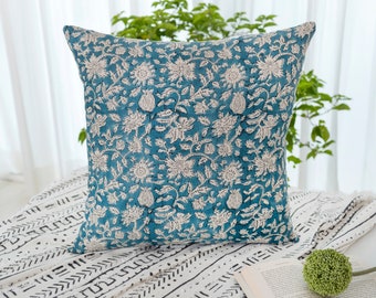 Funda de almohada de lino estampada a mano: decoración bohemia floral turquesa