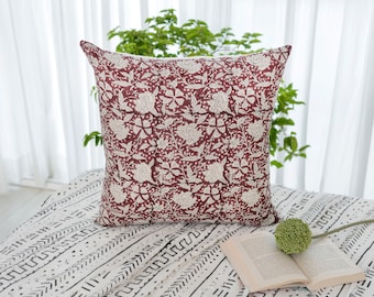 Federa per cuscino in lino con stampa floreale: decorazione boho stampata a mano