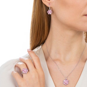Pink Floral Eda Ring Handmade Jewelry, Necklace, Ring Earrings Set, Magnolia Graduation Gift, Minimalist, 12 Ct Hande Ercel Sen Cal Kapimi image 4