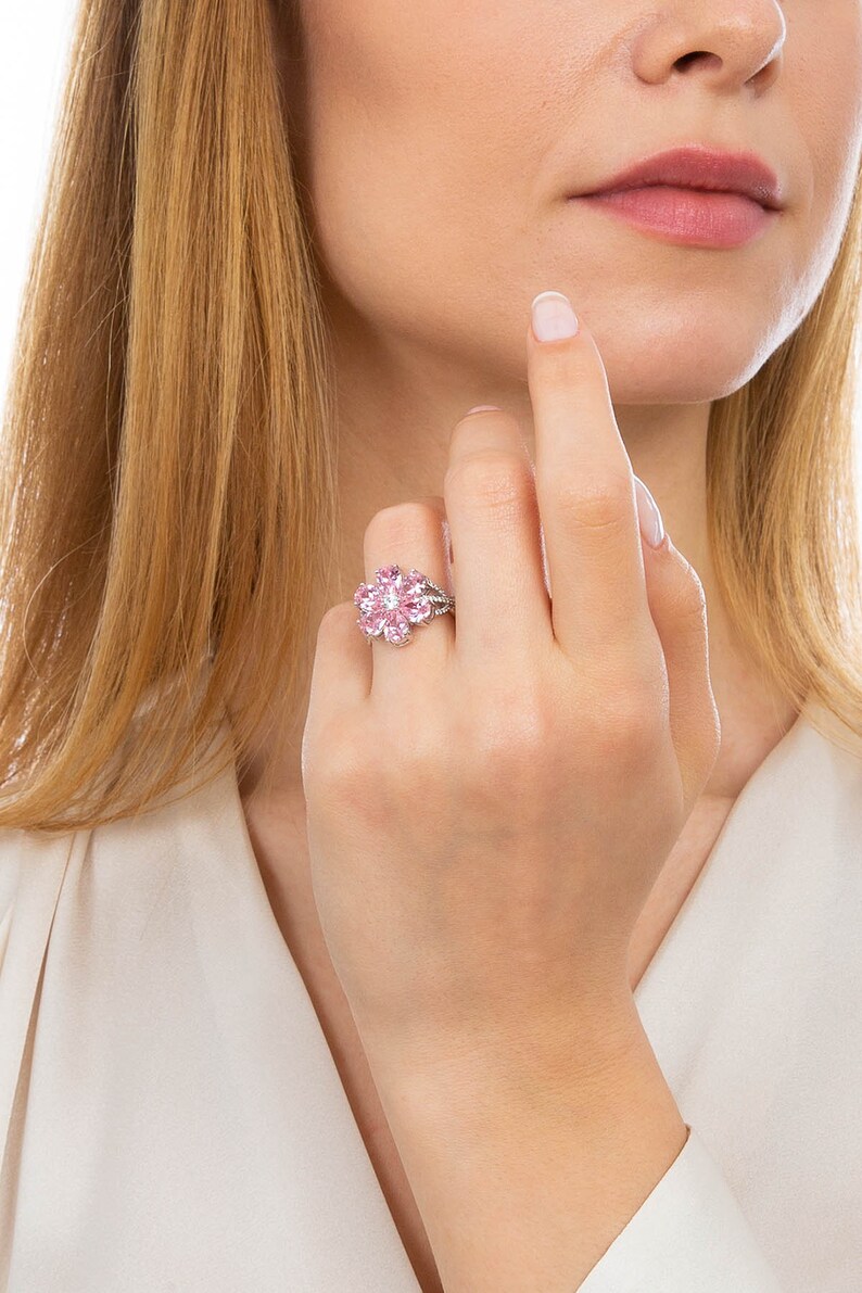 Pink Floral Eda Ring, Magnolia Flower Ring , 4 Ct Zircon Pear Plated 925 Silver Hande Ercel Sen Cal Kapimi image 2