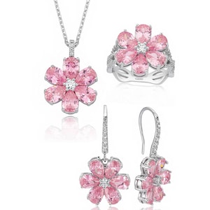 Pink Floral Eda Ring Handmade Jewelry, Necklace, Ring Earrings Set, Magnolia Graduation Gift, Minimalist, 12 Ct Hande Ercel Sen Cal Kapimi image 1