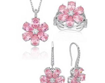 Rosa Blumen Eda Ring handgemachter Schmuck, Halskette, Ring Ohrringe Set, Magnolia Abschlussgeschenk, minimalistisch, 12 Ct Hande Ercel Sen Cal Kapimi