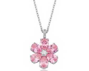 Pink Floral Flower Eda Necklace, Minimalist, Graduation Gift, Black Friday, Magnolia Handmade Jewellery, Wedding Prom 4 CT Zircon Pink Pear