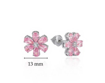 Magnolia Flower Jewelry Rhodium Plated Pink Floral Earrings for Valentine's Day Gift Mommy to be 2 Ct Zircon Pear Gemstone Push Present