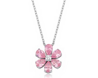 Pink Floral Flower Eda Necklace Graduation Gifts, Handmade Jewelry, Minimalist, Forget Me Not Flower, 2 CT Zircon Pink Pear Gemstone, Silver