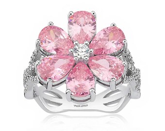 Pink Floral Eda Ring, Magnolia Flower Ring , 4 Ct Zircon Pear Plated 925 Silver Hande Ercel Sen Cal Kapimi