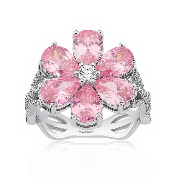 Anillo Eda floral rosa, anillo de flor de magnolia, plata 925 chapada en pera con circonita de 4 quilates Hande Ercel Sen Cal Kapimi