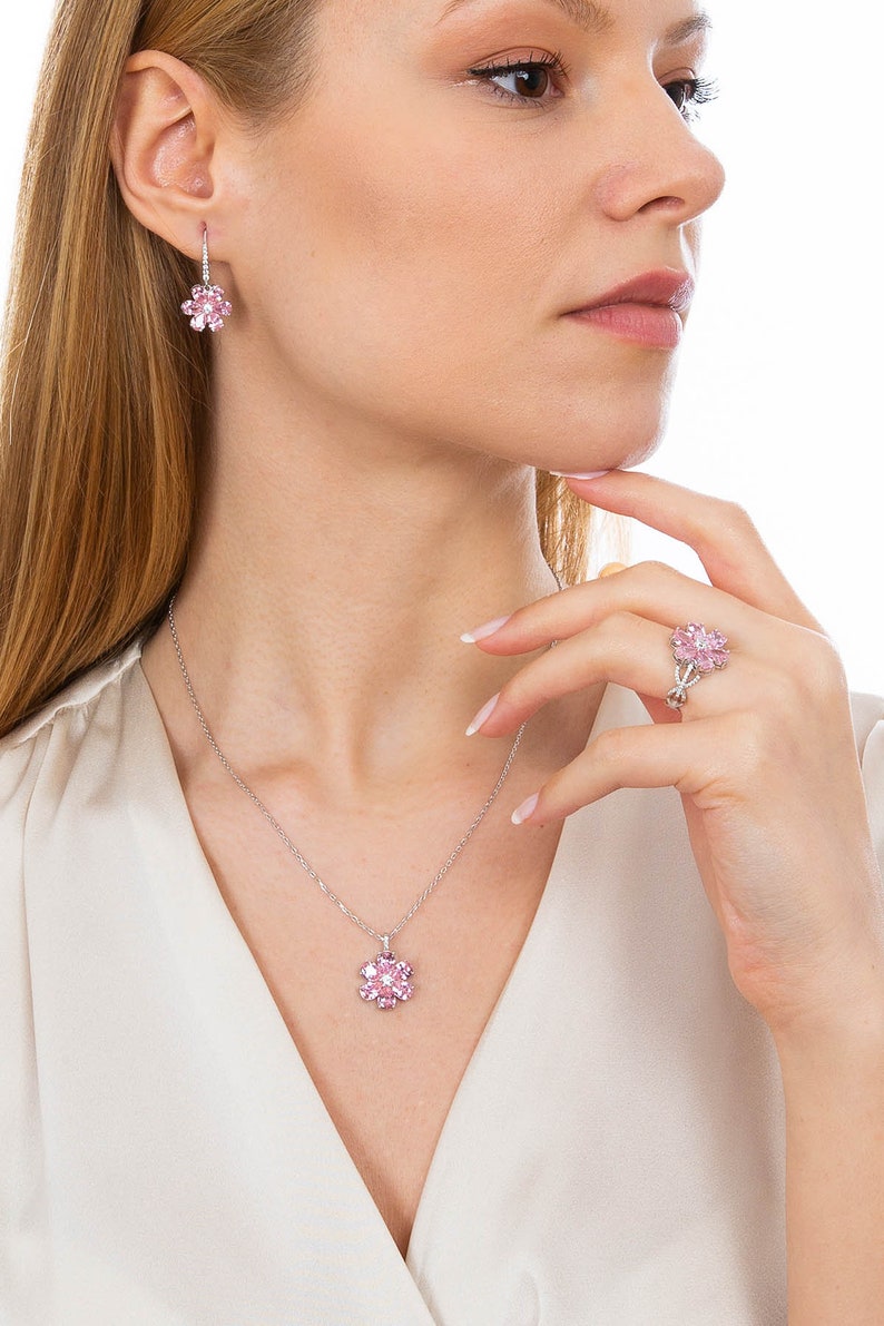 Pink Floral Eda Ring Handmade Jewelry, Necklace, Ring Earrings Set, Magnolia Graduation Gift, Minimalist, 12 Ct Hande Ercel Sen Cal Kapimi image 2