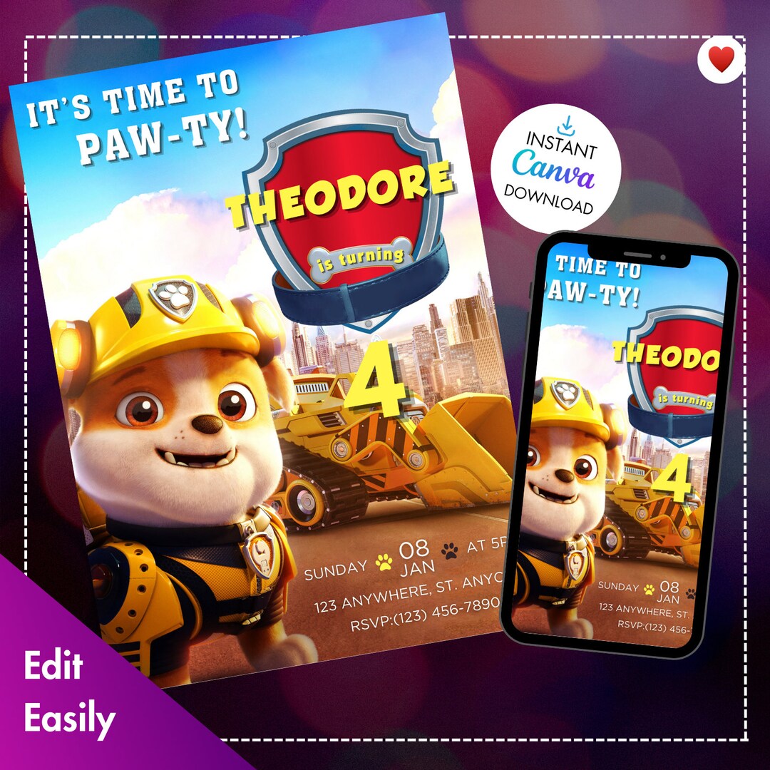 Paw Patrol Rubble Birthday Party Invitations Editable Rubble Etsy