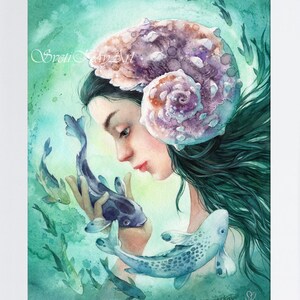 Marine Fantasy Wall Decor, Girl and Fish Watercolor Original, Mermaid Artwork, Modern Art, turquoise lilac blue