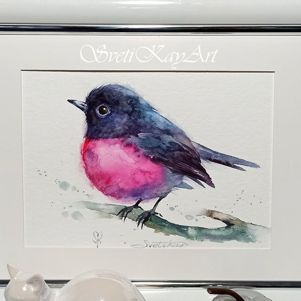 Birds art work, Robin Bird watercolor original, Bird wall art, pink black purple, small artwork.