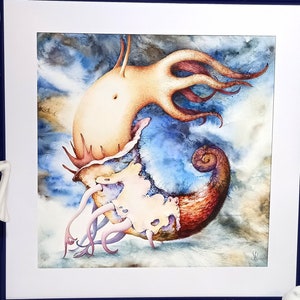 Arte marittima delle conchiglie, mitica creatura nautica, pittura originale del quadrato di fantasia, acquerello blu viola bordeaux