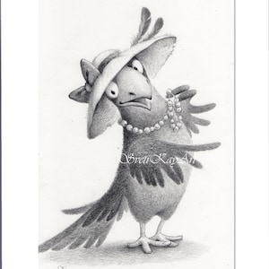 Ilustración de Crow Fashionista, arte original en lápiz de grafito, dibujo en blanco y negro