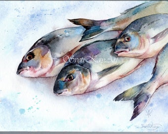 Fishes realistic artwork, fishing gift, fishing art, maritime original watercolor art, fish wall art, maritime decor