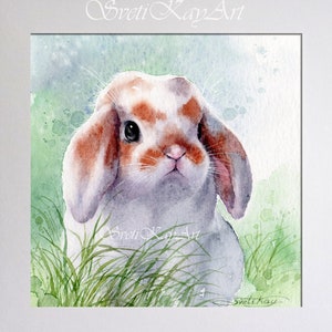 White Rabbit Artwork, Pet Portrait Painting, Little Bunny in the Grass Watercolor Original Art, Square Picture