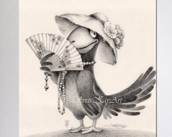 Oeuvre d'art originale corbeau Fashionista signée, dessin au crayon graphite, dessin noir blanc, art détaillé au crayon